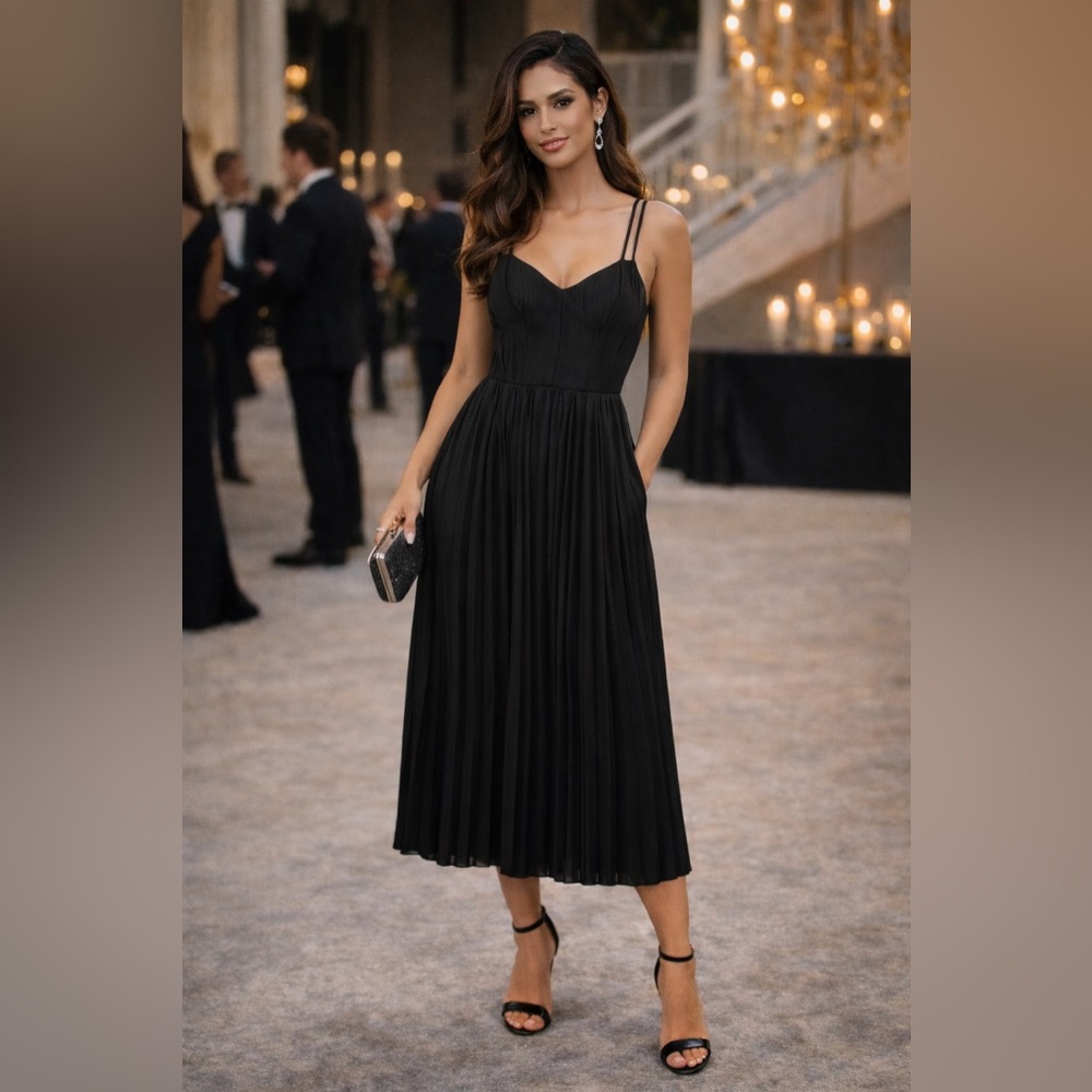 DKNY Black Pleated Midi Dress NWT Size 2 Elegant LBD Strappy Formal Gala Chic